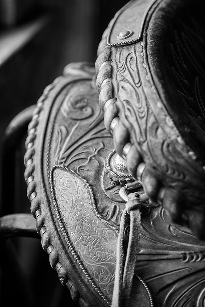 USA-Colorado-Custer County-Westcliffe-Music Meadows Ranch Tack room Tooled leather western saddle